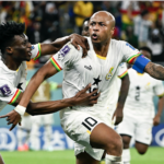 Andre Ayew (R) of Ghana celebrates after scoring during the Group H match between Portugal and Ghana at the 2022 FIFA World Cup at Ras Abu Aboud (974) Stadium in Doha, Qatar, Nov. 24, 2022. (Xinhua/Li Ga) Image: XINHUA