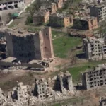 Aerial view shows destroyed buildings as a result of intense fighting, amid the Russian invasion, in Bakhmut, Ukraine in this still image from handout video released June 15, 2023. 93rd Kholodnyi Yar Brigade/Handout via REUTERS/File Photo
